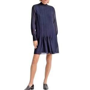 Club Monaco Navy Blue Chiffon Long Sleeve Pintuck Rib Mini Dress Size 4 $248